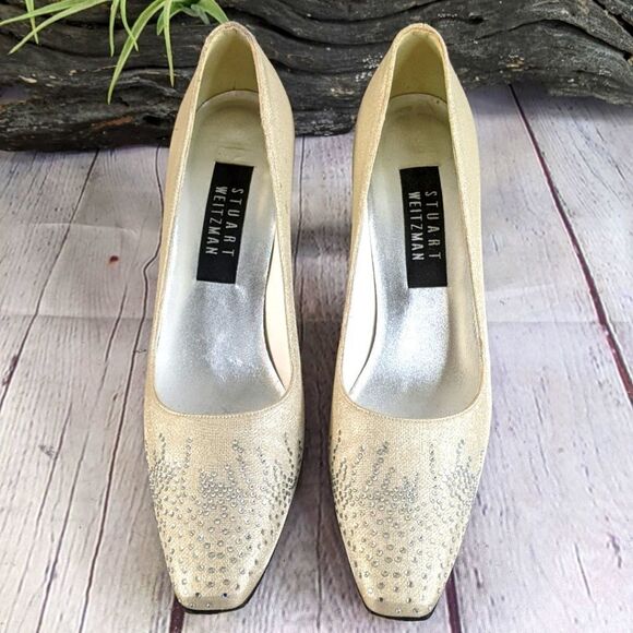 Vintage Stuart Weitzman Champagne Satin Rhinestone Pumps - Size 7 AA (Na… - Picture 1 of 9